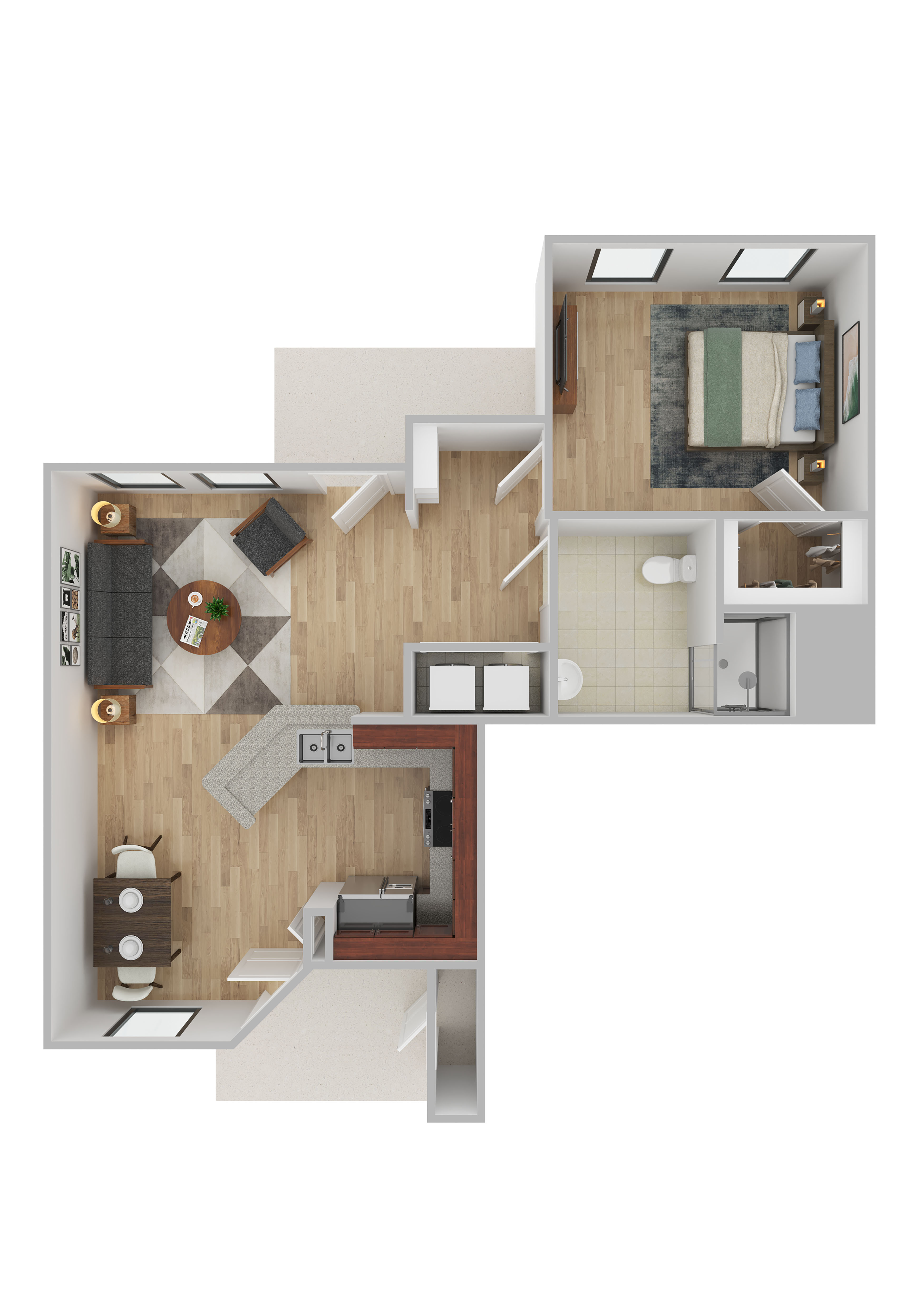 Floor plan for 1 bed, 1 bath, 708 sqft